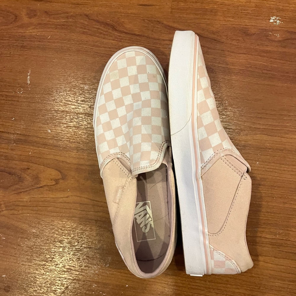 Pastel pink and white checkered Vans, womens size 10.5